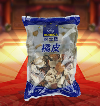 廚之選(HORECA SELECT)橘皮産自浙江台州500g每袋，本産品精心挑選上(shàng)等的橘皮等原材料制(zhì)作(zuò)而成，品質純正天然，讓您食用的放心。本産品采用的是塑料質地包裝，簡潔大(dà)方，食用簡單，是您廚房(fáng)的好幫手。本産品加入到菜肴中去可(kě)以讓其味道(dào)濃郁，口感醇厚鮮香，給您帶來(lái)美妙的味覺盛宴。