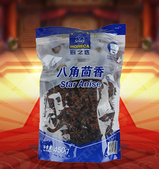 廚之選(HORECA SELECT)八角茴香産自廣西玉林450g每袋，本産品精心挑選上(shàng)等的食用鹽、八角茴香原材料制(zhì)作(zuò)而成，品質純正天然，讓您食用的放心。本産品采用的是塑料質地包裝，簡潔大(dà)方，食用簡單，是您廚房(fáng)的好幫手。本産品加入任何的菜肴後讓其味道(dào)濃郁，口感醇厚鮮香，給您帶來(lái)美妙的味覺盛宴。